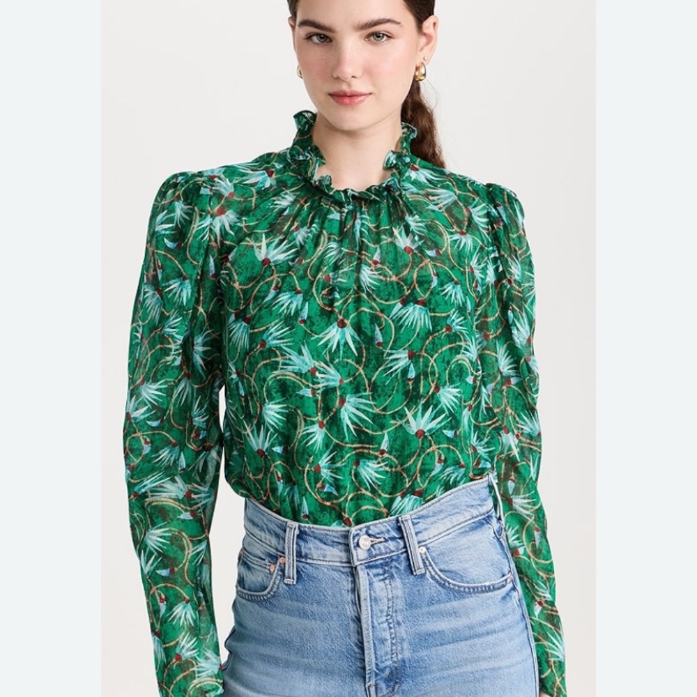 Saloni Green Silk Floral Ruffled Neck Long-Sleeve Top